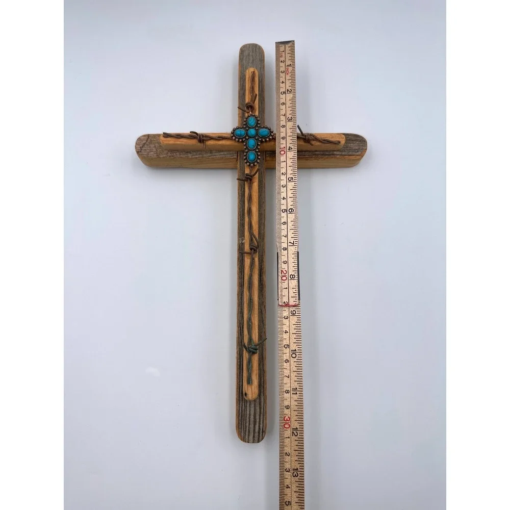 Rustic Wood‎ Cross w/ Turquoise Accent Barbed Wire Detail Hanging Wall Decor 12